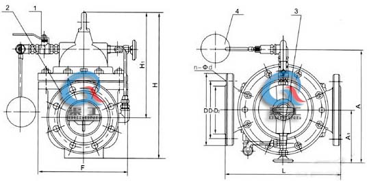 100X遙控浮球閥 外形結(jié)構(gòu)圖 (1、球閥 2、主閥 3、針閥 4、浮球閥)