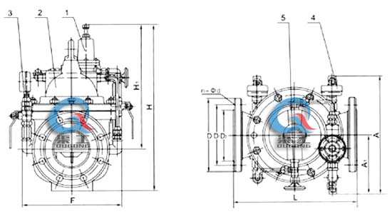 200X減壓穩(wěn)壓閥 外形結(jié)構(gòu)圖 (1、導(dǎo)閥 2、主閥 3、球閥 4、壓力表 5、針表 )